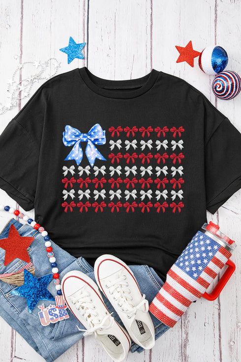 Black American Flag Inspired Bow Graphic Drop Shoulder T Shirt